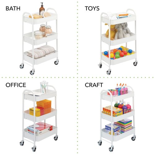 mDesign Metal 3-Tier Rolling Utility Storage Carts - Organizer Trolley for Bathroom, Kitchen, Laundry, Office, and Kids Rooms - Heavy Duty Caddy with 4 Caster Wheels - Matte White