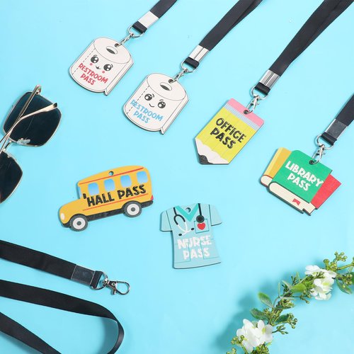 6 Sets Hall Pass Lanyards and School Passes Set,Unbreakable Wooden Passes,Cute Classroom Pass for School Classroom Hall Restroom Bathroom Library Office Nurse Teacher Supplies