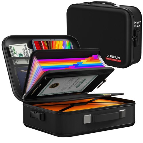 JUNDUN Fireproof Document Box,Hard Case Fireproof Document Organizer with Lock，Home Travel Portable Fireproof Safe Storage Box for Letter Size Documents,files,Papers and Passport,Colourful