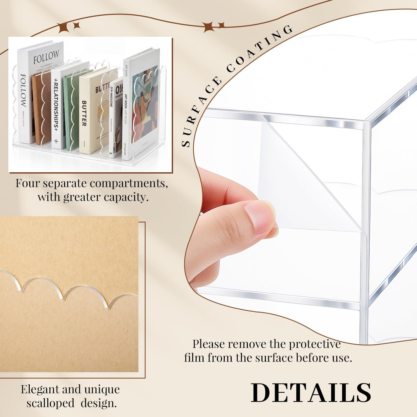 AmazingSpark 1 Pcs Scalloped Acrylic Book Holder for Desk with 4 Compartments 11.22 x 7.28 x 6.5 Inches Clear Acrylic Magazine Organizer Storage Mail Sorter with Wave Edge Design for Office Home