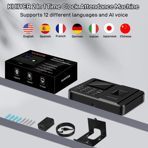 KUIIYER 2 in 1 Time Clocks for Employees Small Business (Fingerprint + Password) Employee Clock in & Out Machine Attendance Punch Clock Recorder Tracker for Small Businesses & Offices