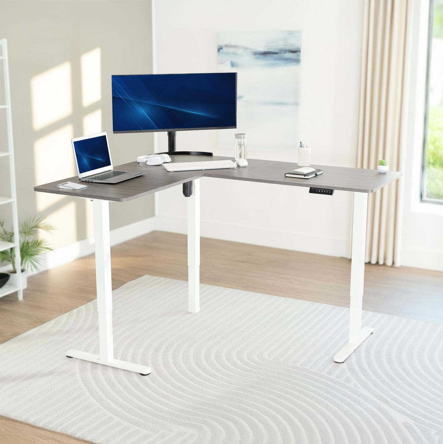 VIVO Corner Standing Desk, 63 x 55 inch Reversible L-Shaped Workstation, Electric Height Adjustment, Home, Office, and Reception Rooms, Dark Gray Table Top White Frame, DESK-E3CTWG