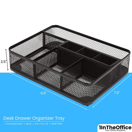 1InTheOffice Modern Minimalist Mesh Collection Desk Drawer Organizer, 7 Compartment, Matte Black