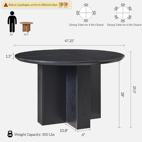 OKD 47-Inch Modern Wood Round Dining Table - Sturdy Black Oak Design for 4 | Ideal for Kitchen & Dining Room