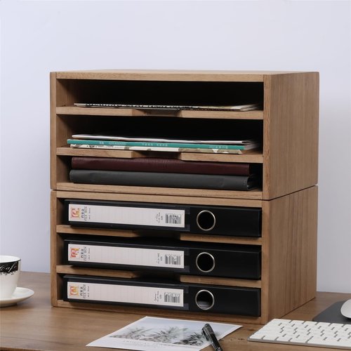 DDYURI 3-Tier Paper Storage Letter Tray File Sorter - Wood Desktop Document Organizer Holders with Mail Sorter, School & Home Magazine File Dividers, Book Rack Shelf Stand for HD-SJ3K (Light)