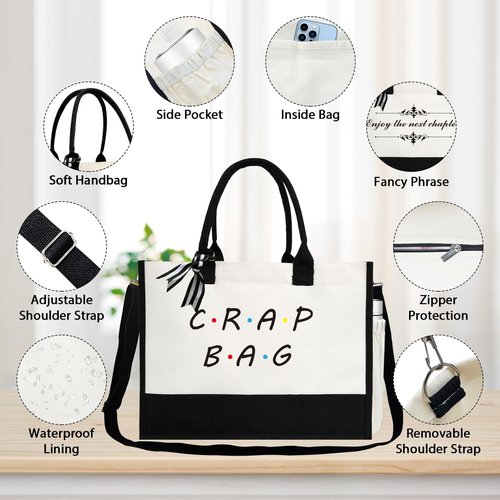 JOJHDR Phrase Canvas Beach Bag,Zipper and Slide Pockets,Bag Shoulder Strap and Bottom Support,Bridesmaids Gift,Casual Business Briefcase,Perfect Gifts for Birthday and Teacher （Crap bag）