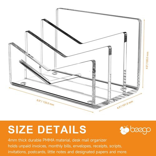 Beego Envelope and Mail Organizer Countertop - 3 Compartments Clear Acrylic Desk Organizer Letter Holder Desktop File Sorter Bill Document Folder Rack for Office, Home, School Desk Organization