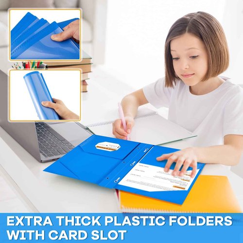 Henoyso 48 Pcs Plastic Folder with Clear Front Pocket and 3 Prongs Heavy Duty Plastic Folders with Card Slot Pocket Folders with Prongs for School Office Home(Blue)