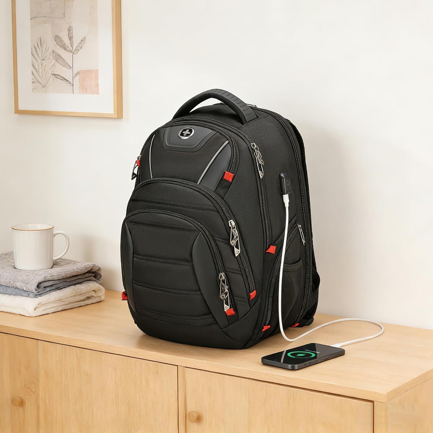 Swissdigital Travel Backpack - TSA Friendly, USB Charging & RFID Protection for 15.6" Laptops - Black | J14-BR