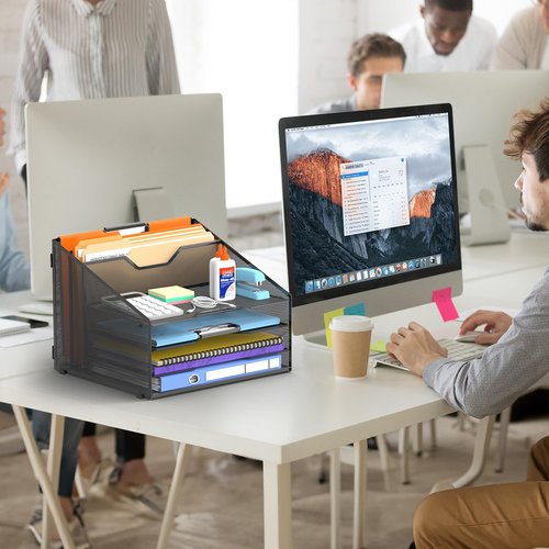 ReePlan Desk File Organizer, Desk Organizers & Accessories with 4 Trays and 2 Vertical Upright Sections, for Student & Teacher, Office, School, Home Black