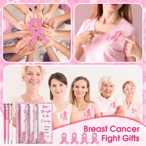 Janlaugh 72 Sets Breast Cancer Awareness Accessories 2 in 1 Pen with Stylus Tip Pink Ribbon Pin Breast Cancer Awareness Bulk Items Survivor Gifts Hope Cards Gift Bags Pink Ribbon Accessories