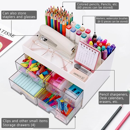 HWPRATO Cute Pen Organizer with Drawer, Multi-Functional Small Desktop Accessories Organizers, Pencil Holder for Desk Office Art Supplies (4 Drawer Desk Organizer-White)