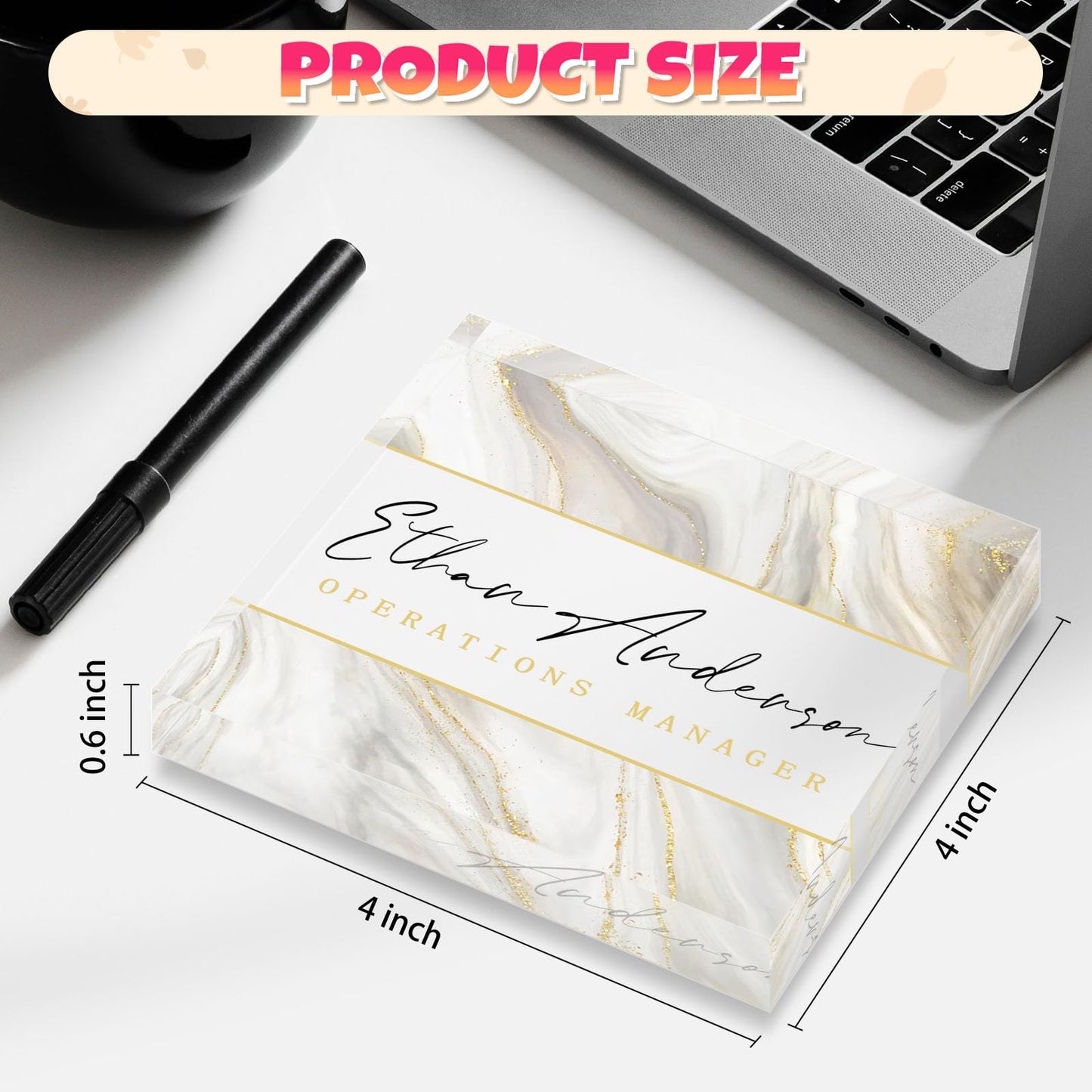 Custom Professional Office Desk Signs - Personalized Acrylic Name Plates for Desk - Employee Appreciation Gifts for Coworkers, Boss, Teacher - Desk Funny Decorations Gift - Square (White Marble)