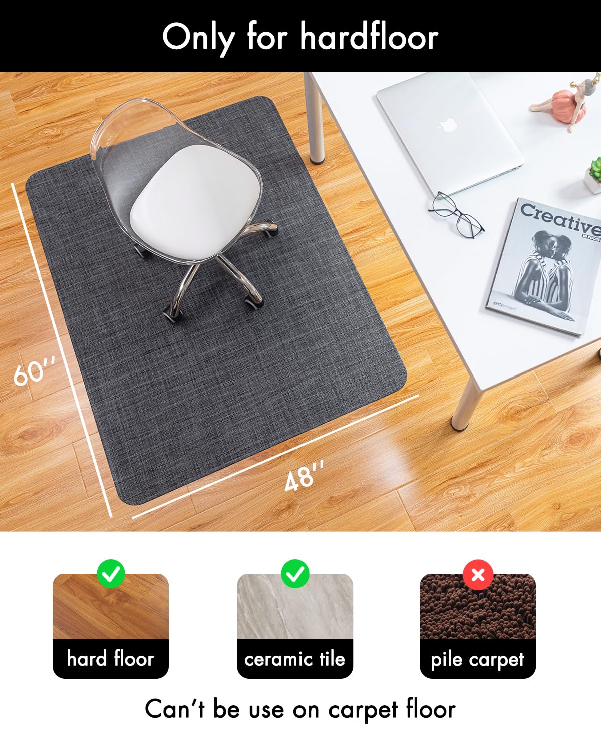 Baroyal Office Chair Mat for Hardwood Floor Under Desk Computer Rolling Chair Mat for Wood/Tile Floor Non-Slip Heavy Duty Desk Rug PVC Plastic Hard Floor Protector 48" x 60" (Cool Grey)