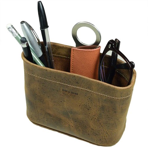 Hide & Drink, Desk Organizer Bag, Pen Holder, Circular Pen Holder for Desk, Office Supplies, Accessories, Full Grain Leather, Handmade, Bourbon Brown