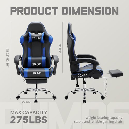 DUMOS Ergonomic Gaming Office Chair - Height Adjustable with Footrest & Headrest | Deep Blue PU Leather