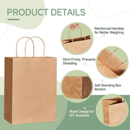 ECOEXTRA Brown Paper Gift Bags - 100 Pcs Medium Kraft Bags with Handles | 8x4.5x10.8 Inch for Parties & Retail