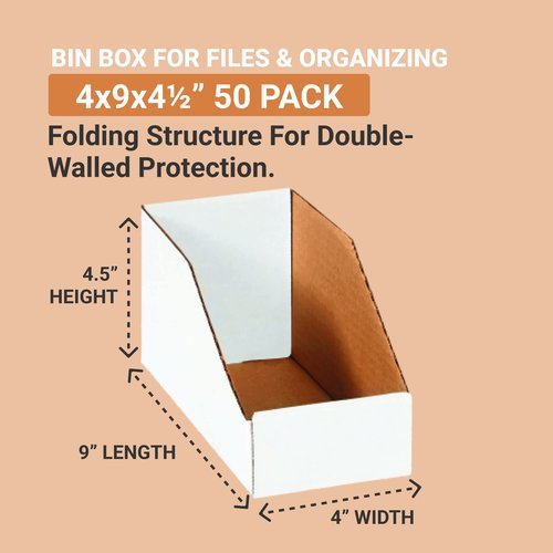 Aviditi BINBIN49 Corrugated Open Top Bin Box, 9" Length x 4" Width x 4-1/2" Height, Oyster White (Case of 50)
