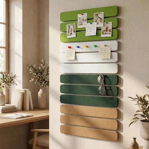 Cork Board Alternative Felt Strips by Skiennix - 12-Pack Adhesive Wall Boards with 30 Push Pins | Army Green, Dark Green, Light Camel, Longan Yellow