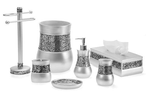 Crackled Glass Silver Small Bathroom Trash Can 2.06 Gal / 7.8L – Decorative Waste Basket for Bathroom, Powder Room or Bedroom - Durable Mini Wastebasket with Beautiful Crackled Glass