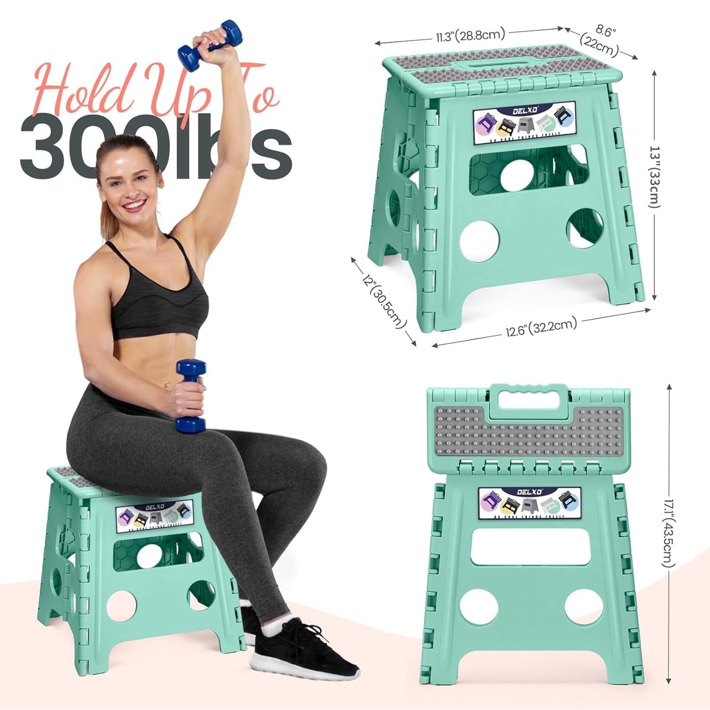 Delxo Folding Step Stool 13 Inch Non-Slip Foldable Stools for Kids & Adults Up to 300 LBS Kitchen Collapsible Fold Up Stepping Stool with Dotted 1 Pack Green