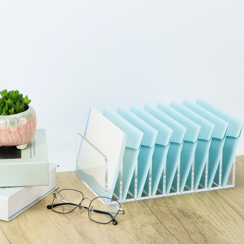 QWORK 9 Compartments Clear Desk Mail Organizer, Acrylic Office Document Sorter, Transparent Stepped Design, Non-Slip Base for Office, Home, School Desktop Organization