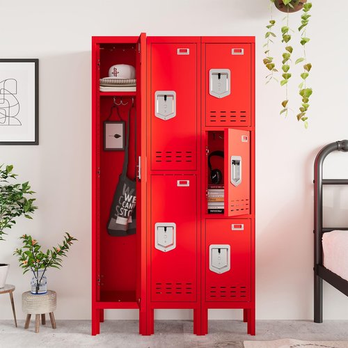 SAPITAL Metal Locker with 3 Doors Employees Locker, Metal Storage Locker with Hooks, 66" Storage Cabinet Lockers for Employees, Home, Office, Gym Requires Assembly (Red)