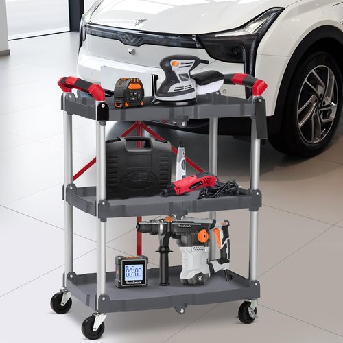 Collapsible Service Cart,3-Tier Portable Cart/Detailing Cart/Utility Carts with 2 Lockable Wheels Use for Home/Commercial/Office/Warehouse,Black, 56 Lb. Load Capacity Per Shelf-Grey