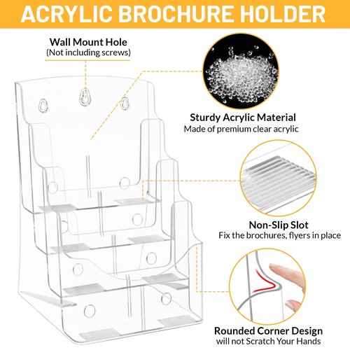 SafeWayss Acrylic Brochure Holder 8.5 x11”, 4 Tier Clear Literature Magazine Stand with Removable Divider for 4 x 9 Pamphlet Display Brochure with Business Card Holders- Wall Mount & Countertop
