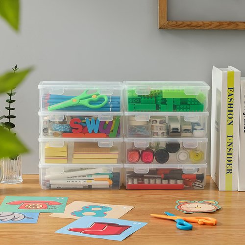 Swuj Clear Plastic Pencil Case Box 8 Pack, Stackable Craft Storage Organizer for Pens Markers Art Supplies, School Office Hobby Container with Snap Lid (Rectangular Large - 8 Pack)