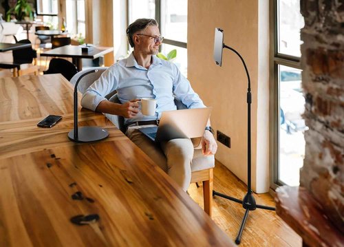Durable Twist Tablet & Smartphone Table or Floor Stand - Gooseneck 360 Degrees Swivel Mount with Adjustable Height - Compatible with iPhone, Android, iPad, Tablet - Black Tablet & Smartphone Holder