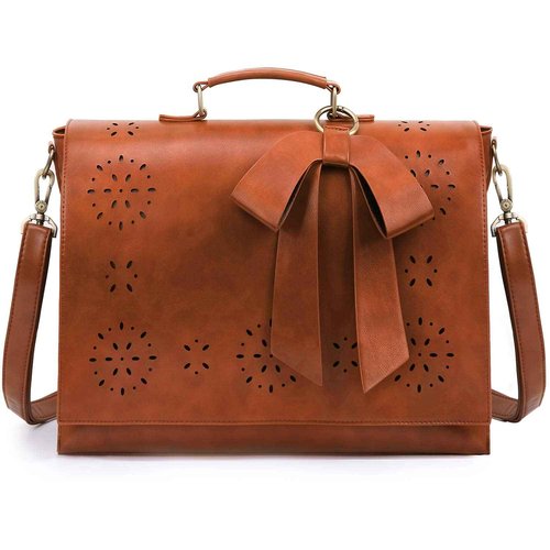 ECOSUSI Women's Briefcase Vegan Leather 15.6 inch Laptop Bag for Work Computer Shoulder Satchel Bag with Detachable Bow, Brown
