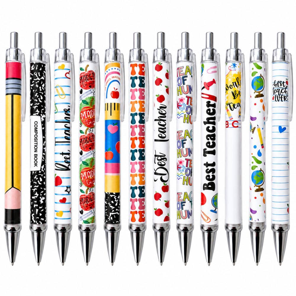 12PC Teacher Pen | Fun Cute Funny Cool Best Pens for Men Women Set Pack Teach Love Inspire School Preschool Appreciation Gifts Supplies in Bulk Office Supply Thoughtful Professor of the Year