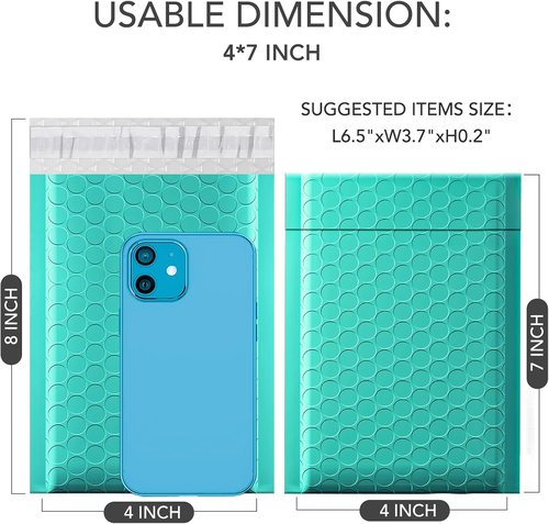GSSSUSA Bubble Mailers - 4x8 Inch Padded Envelopes | Self-Seal Shipping Bags for Jewelry & Small Business - Teal, 50 Pack