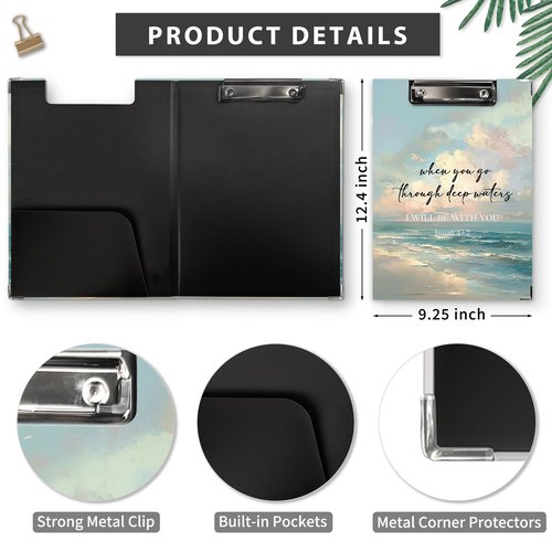 QLMX Christian Beach Clipboard Folio with Storage, Bible Clipboard Folder, Coastal Religious Clipboards for Women Teachers Nurses, Christian Isaiah 43:2 Gifts Office School Supplies, 12.4x9.2In