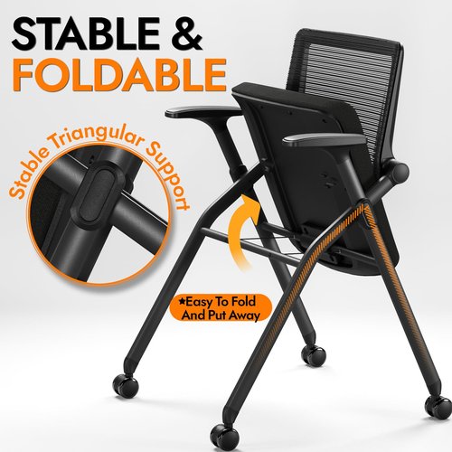 FYLICA Foldable Office Chair Set of 2 with PU Wheels Ergonomic Mesh Bouncing Back, Stackable Conference Room Chair, Office Guest & Reception & Meeting Chair (Black)
