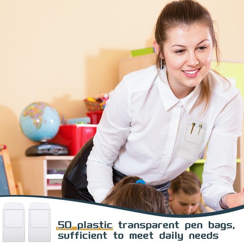 Tenceur 50 Pcs Pocket Protector Heavy Duty PVC Pen Holder Organizer Pouch for Shirts Lab Coats Pants Hospital Office Holds Pens Pointers Cards and Notes(Clear,Classic)