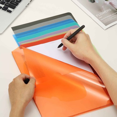 PATIKIL A5 Plastic Folders, 40 Pack Clear Folders L Type Project Pockets Paper Document Jacket Sleeves L Shaped Transparent for Documents Plastic Office File, 6.3x8.8in, Gray