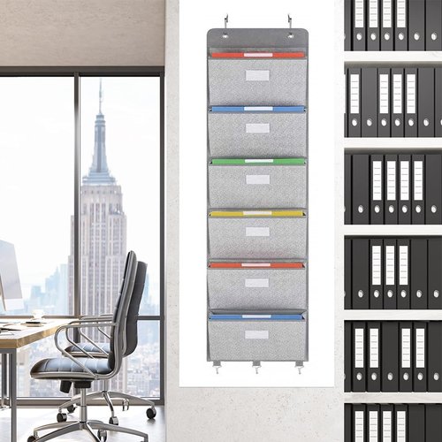Geodurn Over The Door File Organizer - 6 Extra Large Pockets Hanging Wall Mounted Storage Files Holder Pocket Chart for Magazine, Notebooks, Planners, Mails etc. Office Home Supplies