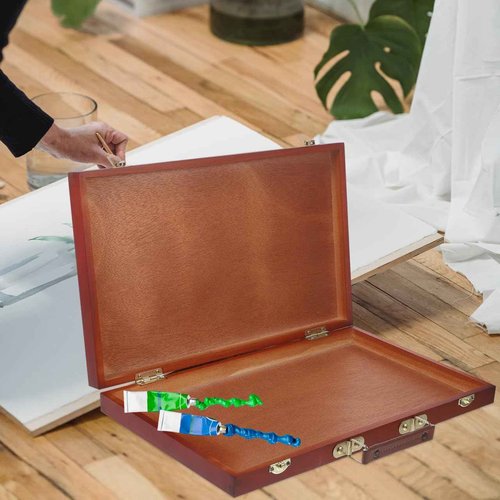 TEHAUX Art Supply Box, Portable Wooden Art Case with Locking Clasps and Handle, Handheld Artist Tool Storage Case, Wood Tool Box for Storing Paints, Stamps, Brushes, 14.5x10.4inch