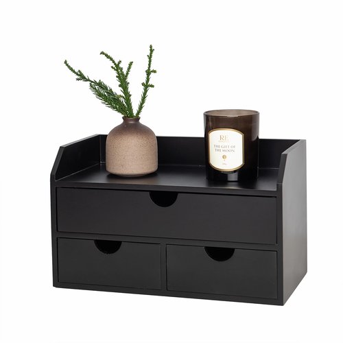 ROSE BLOOM Black Wood Desk Organizer with 3 Drawer, Mini Cute Cabinet with Storage Shelf for Tabletop, Small Desktop Box Organizer for Cosmetic Office Supplies