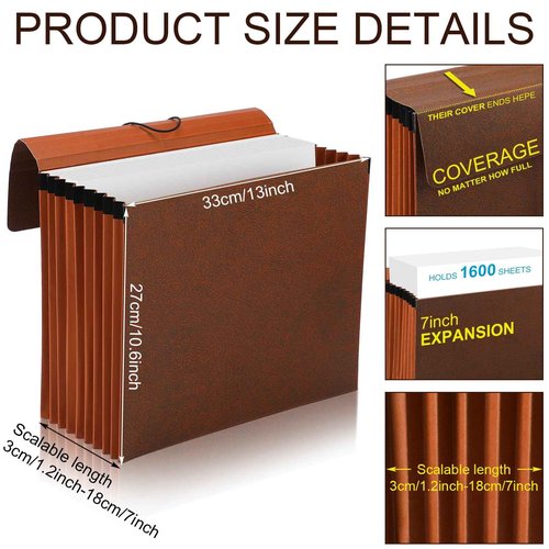 PerKoop 5 Pcs Expanding File Folder with Flap 7 Inch Expansion Expanding File Wallet with Elastic Cord Closure Letter Size Heavy Duty Document Organizer, 10 Slots, Brown