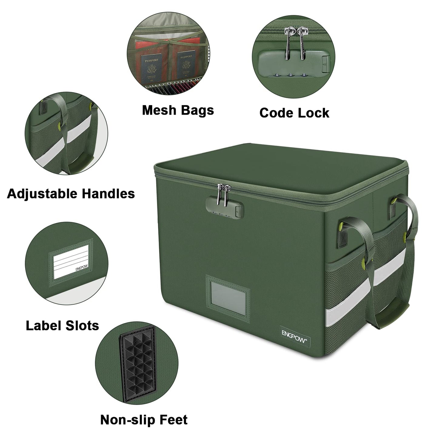 ENGPOW File Box with Lock, Fireproof Document Box with Pockets, Collapsible File Organizer Filing Storage Cabinet with Handle, Portable Home Office Safe for Hanging Letter/Legal Folders,Green,2 Pack