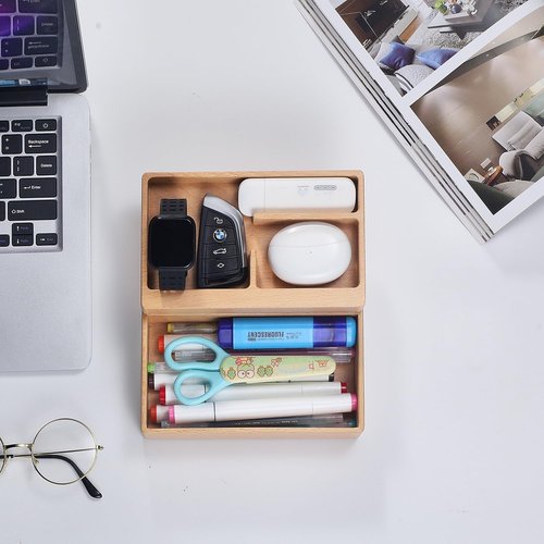 beheart Valet Tray Box, Beech Wooden Storage Box with Magnetic Rotating, Office Desk Daily Supplies Organizer