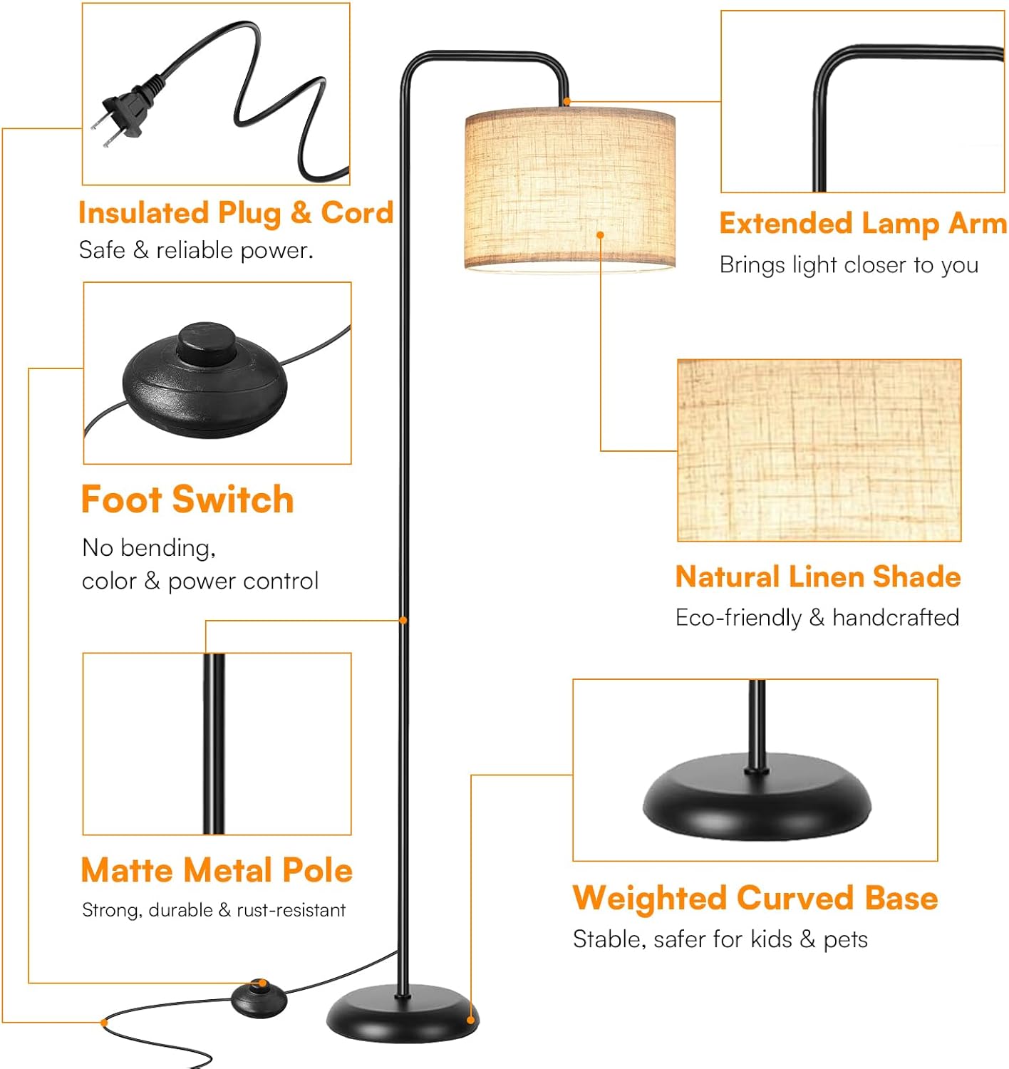 TJOY Floor Lamp - Modern ARC Design with 12W 3-Color Temperature Bulb | Stylish Black Metal for Living Room & Office