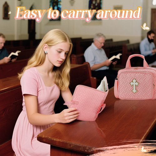 Large Bible Bag with Cover Case for Women - Bible Study Supplies Including Separate Book Cover/Pen Slots/Shoulder Strap, Cross Journaling Kit Christian Gifts for Church Lady Girls (Pink)