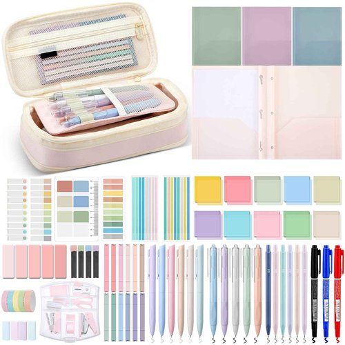 Sinload 72 Pcs Aesthetic School Supplies with Pencil Case 4 Prong Folders 12 Highlighters 20 Mechanical Pencil Pen 500 Sheets Transparent Sticky Note Tabs Stationery for College Office(Pink)