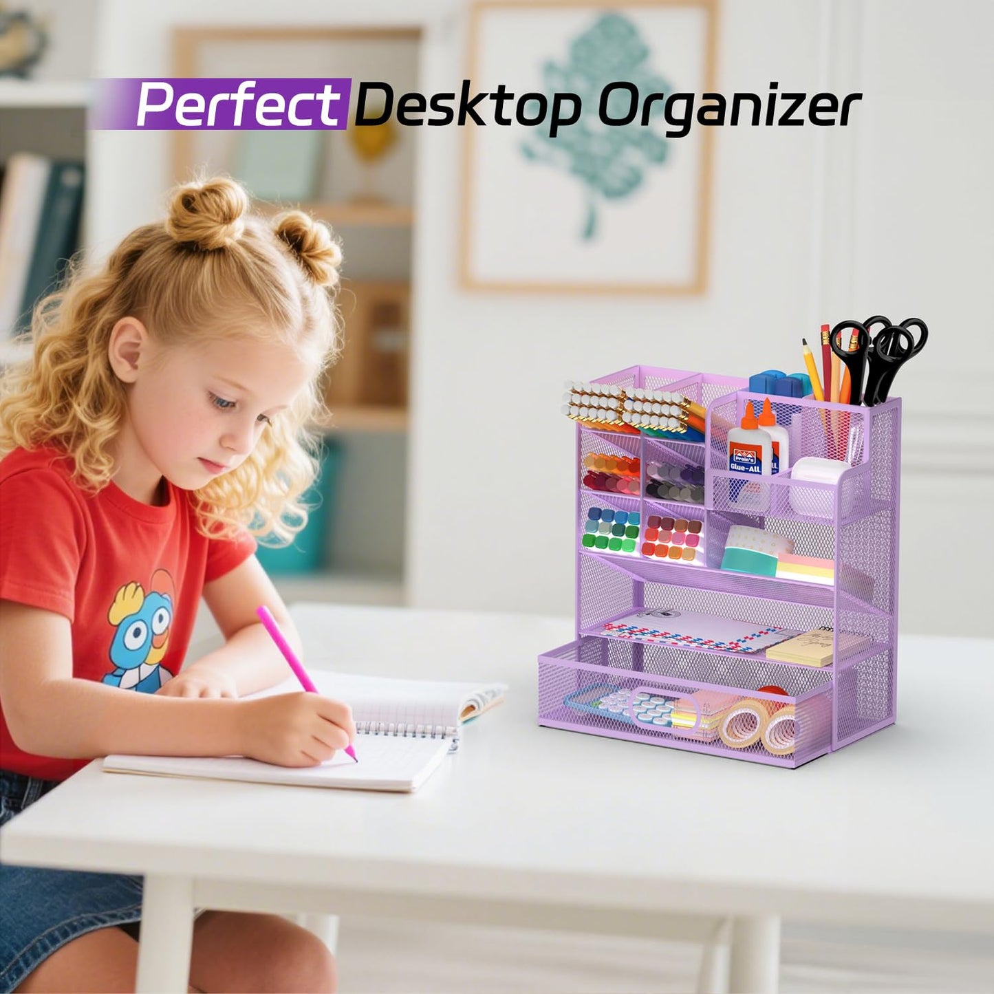 ReePlan Mesh Pen Organizer for Desk - Multi-Functional Pencil Holder with Drawer Desk Organizers, Large Capacity Storage for School Office Home Supplies (Purple)