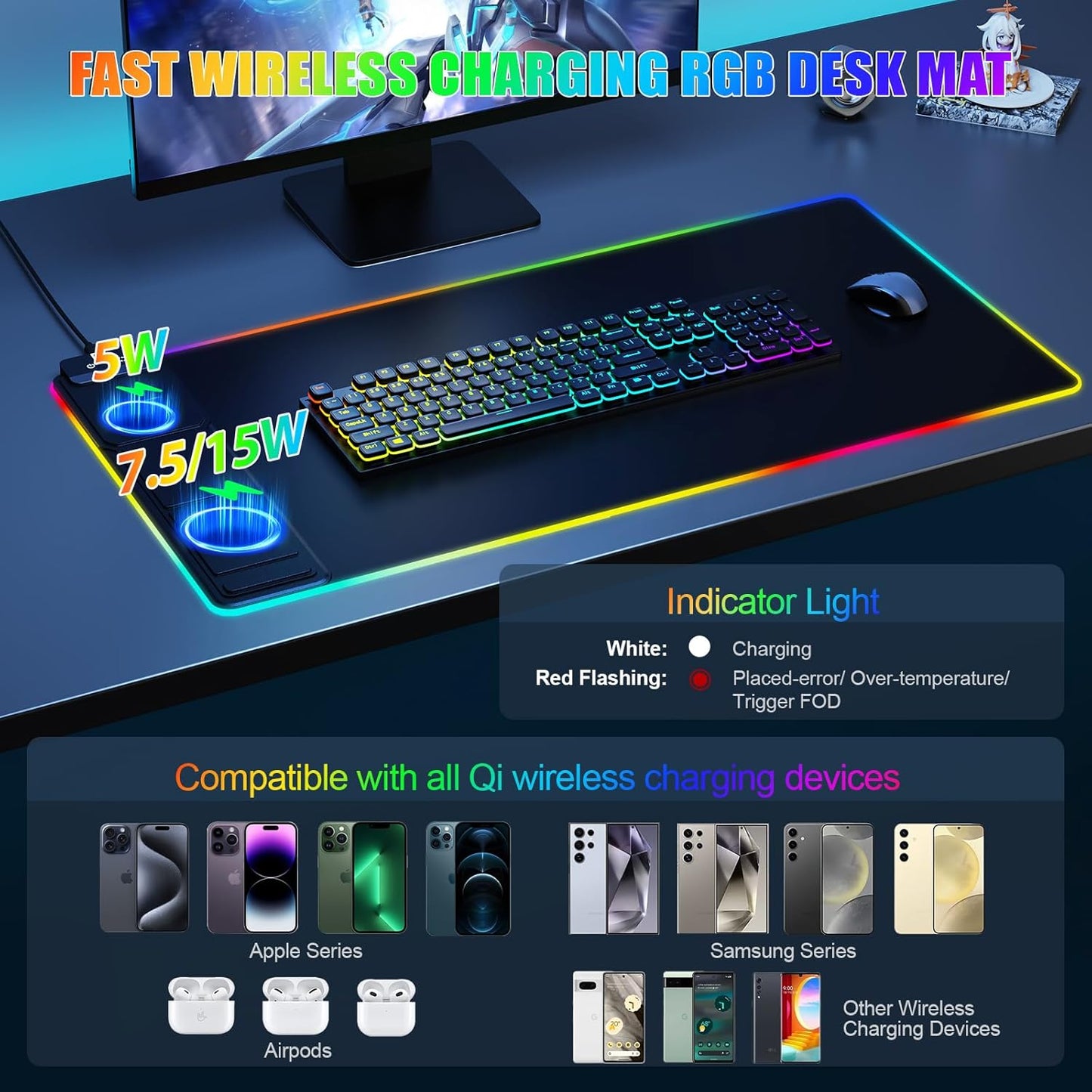 Skiennix Wireless Charging Mouse Pad - RGB Gaming Desk Mat with Phone Holder | Large, Ultra-Smooth, Non-Slip, Waterproof, Classic Black