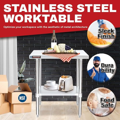DuraSteel 30x36 Stainless Steel Work Table - NSF Commercial Prep Table with Under Shelf | Versatile Kitchen & Outdoor Use